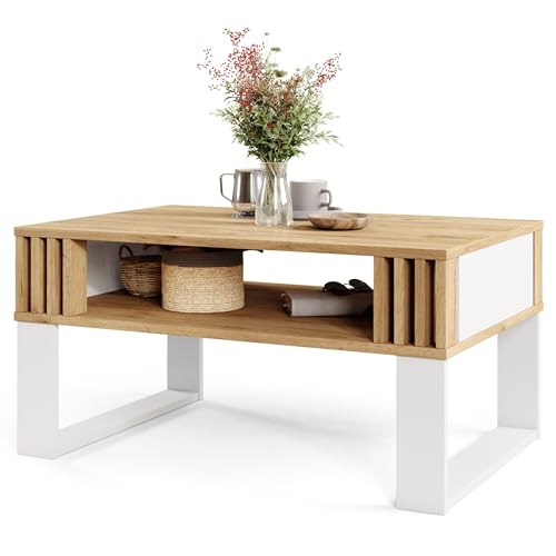 Viosimc Table Basse Moderne avec Lattes Décor Bois – Meuble de Salon Rectangulaire avec Étagère de Rangement, Design Élégant et Contemporain pour Le...