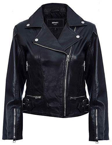 Infinity Leather Señoras Para Mujer de Cuero real Negro Equipado con Chaqueta de Moda con Cremallera Estilo Motorista L
