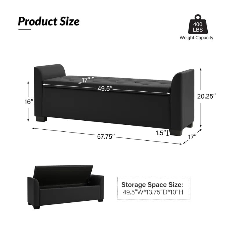 Image of Leather Upholstered Storage Ottoman Bench with Arms for Bedroom & Living Room | 3 Seater End of Bed Bench with Hidden Storage | Tufted Sofa Bench with Armrest, Entryway Seating Bench, Black