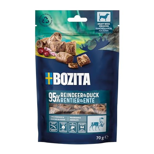 Bozita Meaty Bites - Bocadillo para perros con 95% de reno y pato – 70 g de golosinas para perros sin cereales sin pollo ni glicerina – Sabrosos perros Treats, ideal como golosinas para perros durante