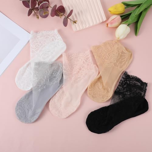 Image of JJUNW 5 Pairs Lace Ankle Socks For Women, Mesh Lace Fishnet Ankle Socks Sexy Ankles Women