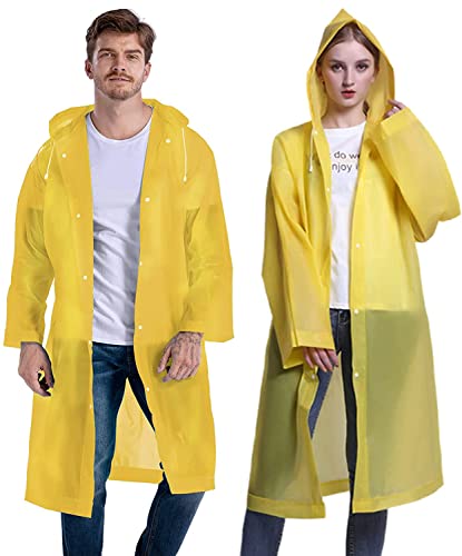 GUKOY Regenponchos für Erwachsene, wiederverwendbar, 2er-Pack, Regenmäntel Notfall für Frauen Männer mit Kapuze und Kordelzug, Gelb+Gelb