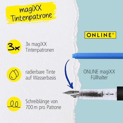 ONLINE magiXX 3x radierbare Tintenpatronen für magiXX Tintenpatronen-Füllhalter I Große Nachfüll-Patronen königsblau I erasable Fountain Pen I radierbare Tinte