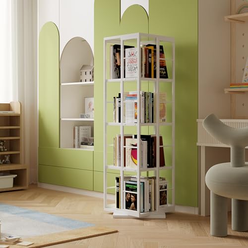 Ztexkee Librería giratoria con ruedas, color blanco, con 1 cajón, estantería esquinera giratoria de madera, para salón, dormitorio, estudio (40 x 40 x 137 cm, 4 niveles)