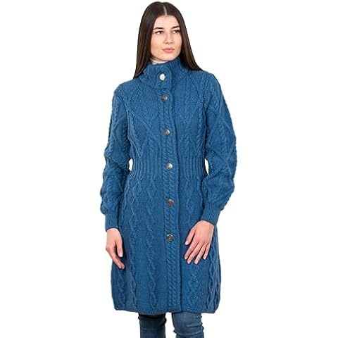 SAOL 100% Merino Wool Irish Cardigan for Women with Celtic Knot Buttons -Aran Long Outdoor Cable Knit Coatigan (Teal, Large) Cover