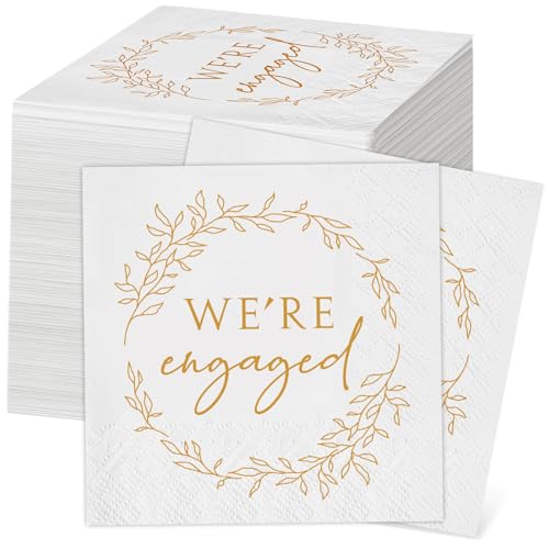 Kosiz 100 Pack Were Engaged Napkins Gift 3 Ply Disposable Paper Engagement Cocktail Napkins for Wedding Party Beverage Dinners Cake Tableware Decorations 4.5 x 4.5 Inch