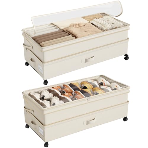 Image of Kitstorack 2Pack Height-adjustable Under Bed Storage with Wheels, Under Bed Storage Containers,Under Bed Shoe Storage Organizer with Clear Window&Label, Suitable for Clothes Storage, Beige