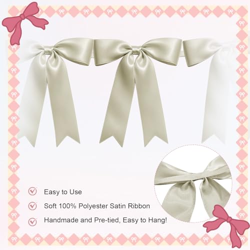 Image of 1 String of 8PCS Ivory White Bow Garland Banner Decoration,Pre-Strung Satin Ribbon Ornaments for Birthday,Bachelorette Party,Bridal Shower,Wedding,Engagement,Baby Shower,Graduation Decor,Anniversary