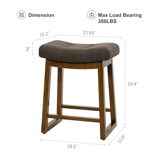 Image of Bar Stools Set of 2, Backless Counter Height Bar Stools, 24 Inch Modern Saddle Bar Stools with Walnut Legs & Upholstered Fabric Seat, Wooden Counter Stools for Kitchen Island, Home Bar, Brown