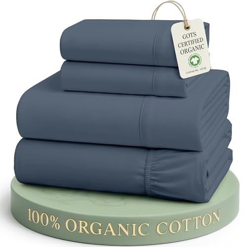 Image of LANE LINEN Deep Pocket Queen Sheets 100% Organic Cotton GOTS Certified Percale Weave Deep Pocket 4 Piece Soft Breathable Cooling Lightweight All Season Machine Washable Crisp - Estate Blue