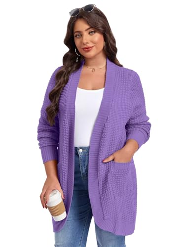 Image of LARACE Long Cardigans for Women Plus Size Tops Open Front Sweaters with Pockets Waffle Ribbed Sleeve Loose Fall Outwear