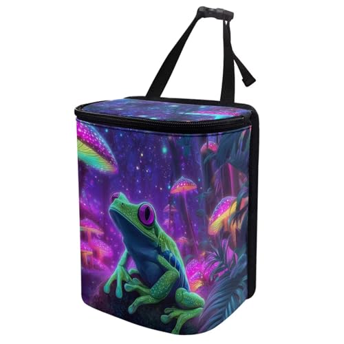 Image of Talayituse Frog Mushroom Galaxy Print Car Trash Can with Lid, Leak Proof Auto Trash Bag Hanging Vehicle Garbage Can Multipurpose Storage Container for Back Seat Road Trip