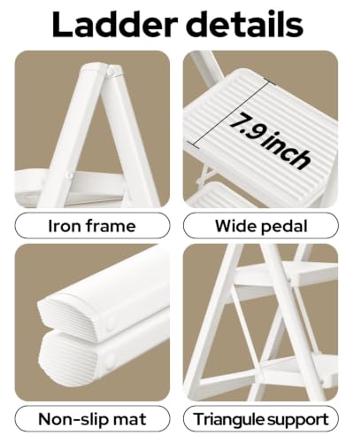 Image of 2 Step Ladder Portable Folding Step Stool with Anti-Slip Pedal, Lightweight Stepladder Multi-Use for Home and Kitchen, Saving Space, White, 300lbs