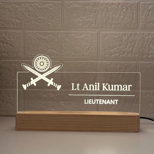 Image of Personalized Acrylic Desk Name Lamp for Army Officers | Custom LED Light with Name, Designation & Regimental Crest | Lieutenant, Major, Colonel, Brigadier, General Gift | Best Indian Army Gift (10 x 6 inch) (For Army Officer)