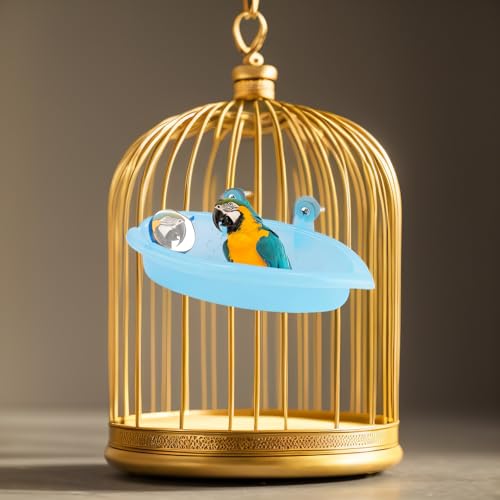 Image of Pssopp Bird Bathtub, Hanging Bird Bath Cube Cute Pet Bird Bathing Box Bird Shower Bathtub Accessories with Mirror pet Bird Bath Parakeet Bird Bath Bird Cage Toy Accessory Blue