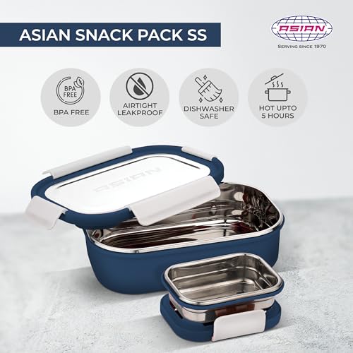 Image of Asian Plastowares - Snack Pack SS Lunch Box | Tiffin Box - Leak-Proof, Airtight | Lunch Box for Kids & Adults | Durable & Spill-Free School, Office, and College Tiffin | Navy Blue