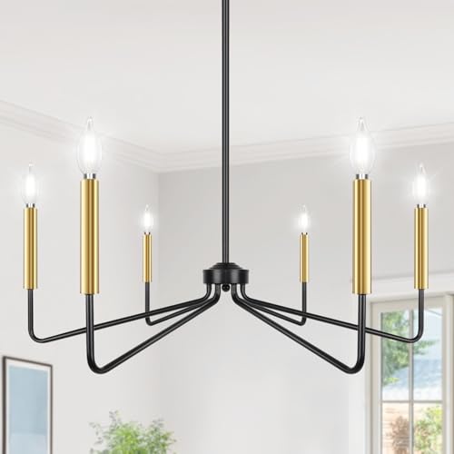 35.5" Large Black and Gold Chandelier, 6-Light Farmhouse Chandeliers for