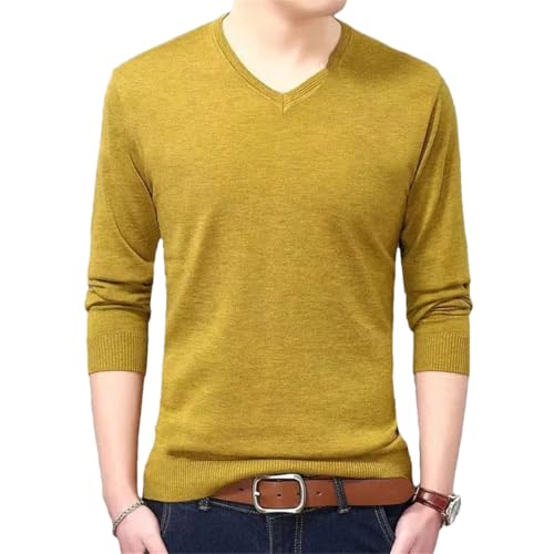Dcvmvmn Men's V-Neck Pullover Solid Casual Knitted Sweater Yellow