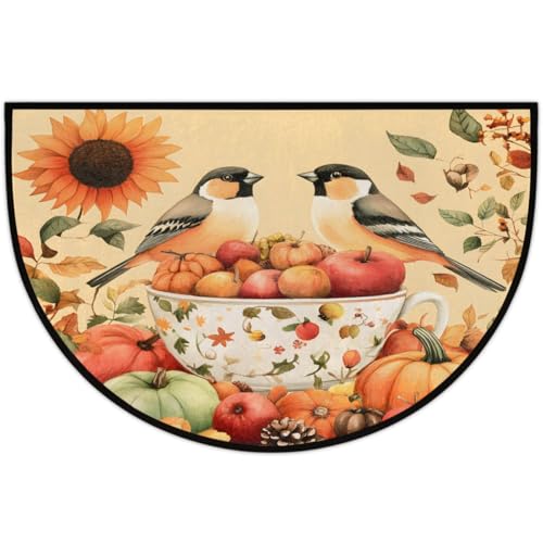 Image of cfpolar Half Round Door Mat Fall Pumpkin Sunflower Bird Non-Slip Semi Circle Area Rug Washable Half Moon Hearth Rugs for Indoor Outdoor Bathroom Kitchen Patio Runner Mat Laundry Room Home Decoration