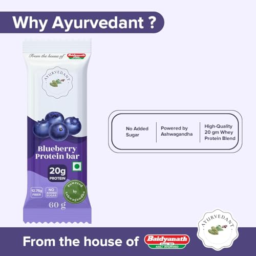Image of Ayurvedant Blueberry Protein Bar | 20g High Protein | No Added Sugar | Energy Snack for Gym, Fitness & Active Lifestyle | 60g (Pack of 6)