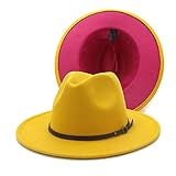 Gossifan Womens Wide Brim Panama Hat Patchwork Colors Classic Buckle Fedora Yellow/Rose