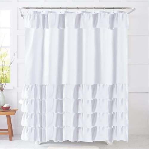 COSEVIER White Ruffle Farmhouse Shower Curtain, Cute Vintage Shabby Chic Fashion Textured Fabric Cloth Bathroom Curtain 72x72 Inch