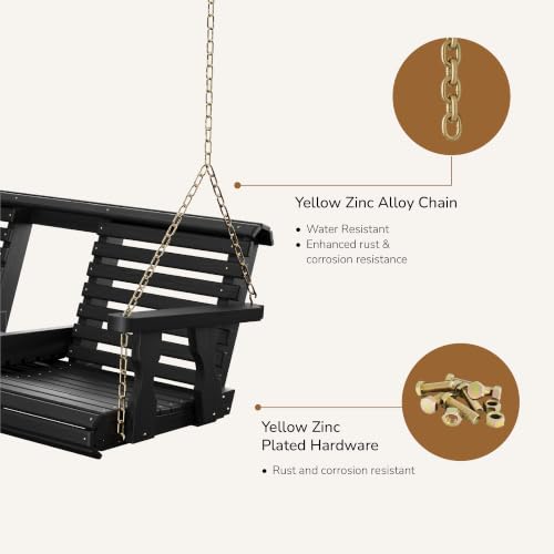 Image of Porchgate Amish Heavy Duty Console Porch Swing with Fold Down Cup Holders in Semi Solid Black Stain - Amish Made in The USA from Treated Pine, Hanging Chains Included