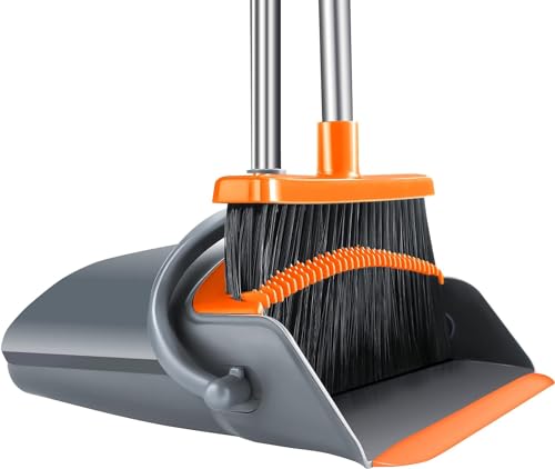 Upgrade Large Broom and Dustpan, Broom and Dustpan Set, Heavy Duty Dust Pan with 53" Long Handle Upright Dustpan Broom Set, Broom for Indoor Outdoor Garage Kitchen Room Office Lobby Use (Orange)