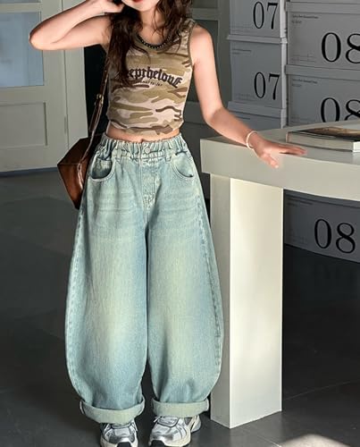 Girls Baggy Jeans High Waisted Bucket Jeans Elastic Waist Wide Leg Denim Pants with Classic Pockets Cute Trouser4