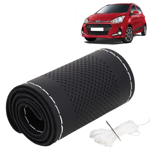 Image of KINGSWAY PU Leatherite Car Steering Cover Sewable Compatible with Hyundai Grand I10 (Year 2017-2019), Black Color with Silver Thread, Pack of 1 with Sewing Needle and Thread