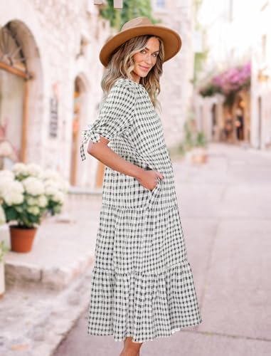 Image of Theenkoln Womens Casual Midi Dress: Short Sleeve V-Neck Empire Waist Gingham Spring Fashion Long Trendy Tiered Formal Dresses