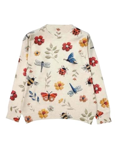 GORGLITTER Women's Floral Flower Fall Sweaters 2025 Butterfly Embroidered Long Sleeve Cable Knit Knitwear