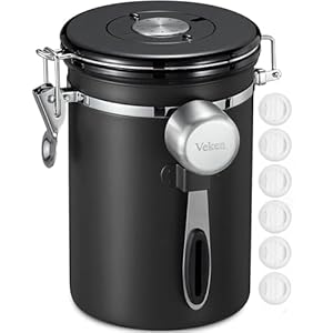Veken Tea&Coffee Canister, Airtight Stainless Steel Kitchen Food Storage Container with Date Tracker and Scoop for Grounds Coffee, Beans, Flour, Cereal, Sugar, 22OZ, Black