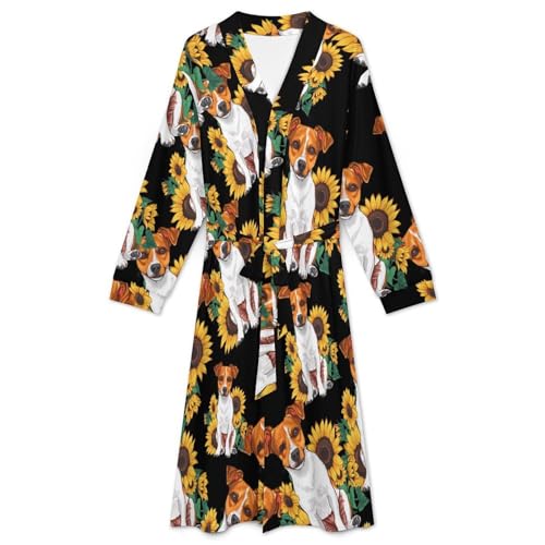Jack Russell Terrier Dog Sunflower Soft Robe Long Sleeve Bathrobes V Neck Sleepwear Spa Robes with Belt Men Woman3