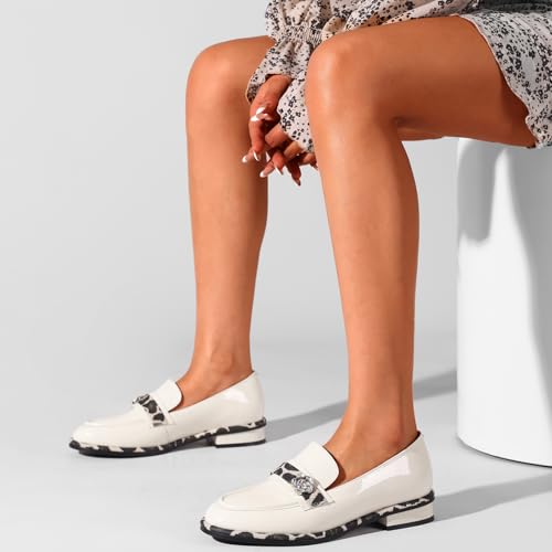 Image of Loafers for Women Patent Leather Buckle Square Toe Chunky Block Dress Slip On Wide Casual Comfortable Dressy High Heels Ladies Comfort Moccasins Elegantes 2 Inch Shoes