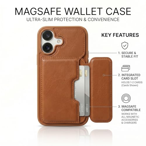 Image of amazon basics Luxury Vegan Leather Back Cover for iPhone 16 | Built-in Card Holder Slot | Integrated Mobile Stand | Slim Shockproof Protective Case with Stitched Finish - Tan