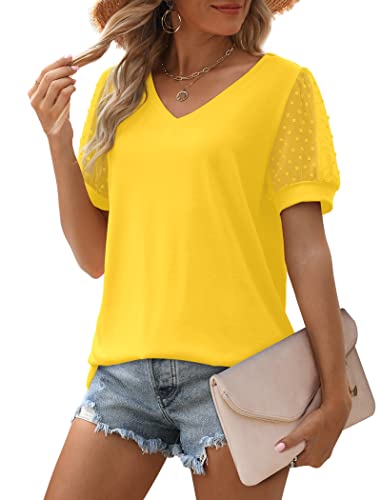 Image of Aokosor Womens Summer Tops V Neck T Shirts Swiss Dot Puff Sleeve Tops Loose Casual Tshirts