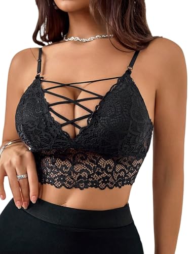 GORGLITTER BH Damen Ohne Bügel Bustier Spitze Bralette Damen Padded Unterwäsche Triangel-BHS Lace Bra Schwarz L