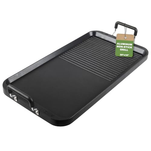 Grill Pans for Stove Tops, 20"x10" Non-Flip Grill & Griddle Pan- Dual Zone, PFOA-Free Aluminum, electric stovetops/Gas/Camping