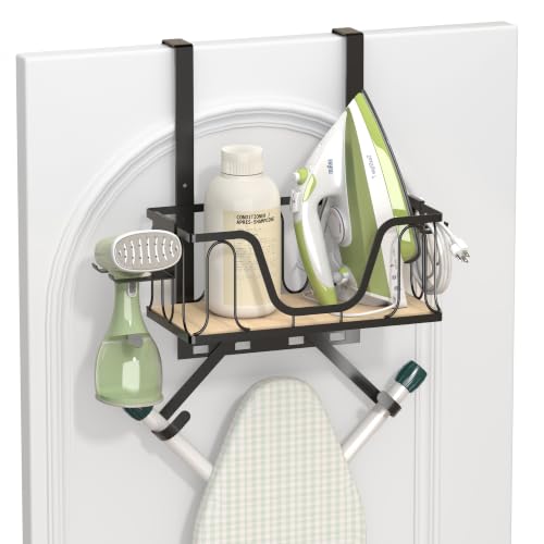 Ironing Board Hanger 2 in 1 Wall-Mount & Over the Door with High-Sided Basket and Side Hooks Fits T and Y Shaped Legs Space Saving Iron Holder for Laundry Sewing Room Decor and Accessories Black