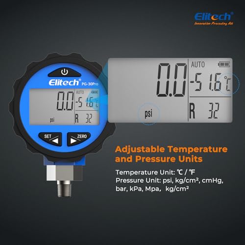 Elitech PG-30Pro Blue Refrigeration HVAC Digital Pressure Gauge -14.5-500 PSI 1/8'' NPT