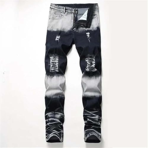 Hndudnff Men's Zippered Ripped Jeans Slim Fit Casual High Street Motorcycle Straight Denim Pants2