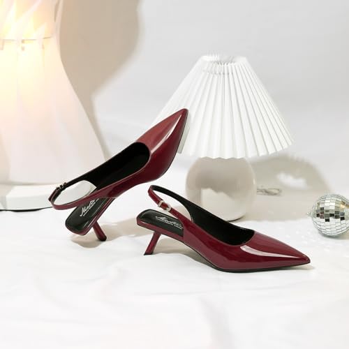 Image of Mostrin Kitten Heels for Women Pointed Toe Pumps Patent Leather Low Heel Slingback Heels with Buckle Dress Shoes for Dating Party Working