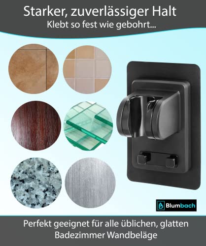 BLUMBACH® Duschkopfhalterung ohne Bohren - DAS ORIGINAL - Duschhalterung kleben statt Bohren - Neigung verstellbar, schwarz, Duschkopf Halterung, Shower head holder mit extra starkem Klebepad