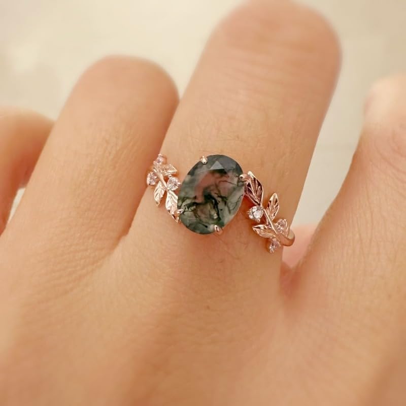 Natural Moss Agate Ring for Women Premium 925 Sterling Silver Plated Green Agate Engagement Ring Promise Ring Jewelry Gift for Women Moss Agate Wedding Ring Womens Moss Agate Ring2