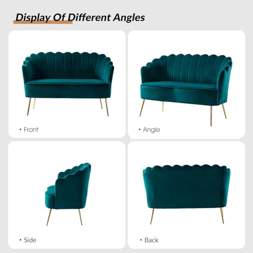 Image of HULALA HOME Modern Velvet Loveseat Sofa with Flower Shaped Back, Comfy Upholstered 2-Seater Sofa with Gold Metal Legs, Small Love Seat Accent Couch for Living Bedroom Leisure Areas, Teal