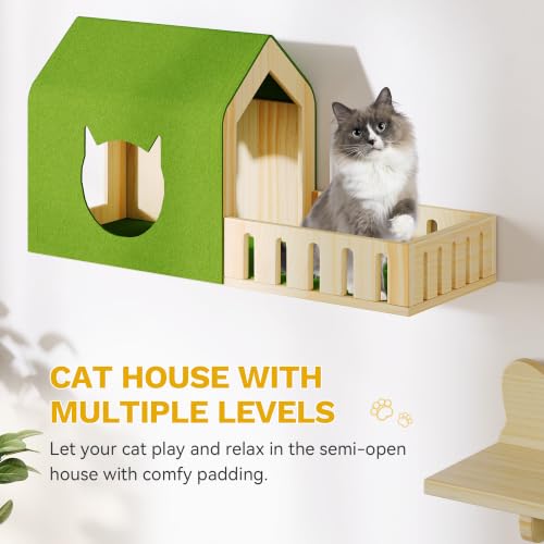 Image of DWVO Cat Wall Shelves and Perches for Wall, Solid Wood Wall Mounted Cat Furniture, Set of 15 Cats Climbing Shelves for Large Cats with Green Wall House & Fence, Steps, Bridge Ladder, Scratching Posts
