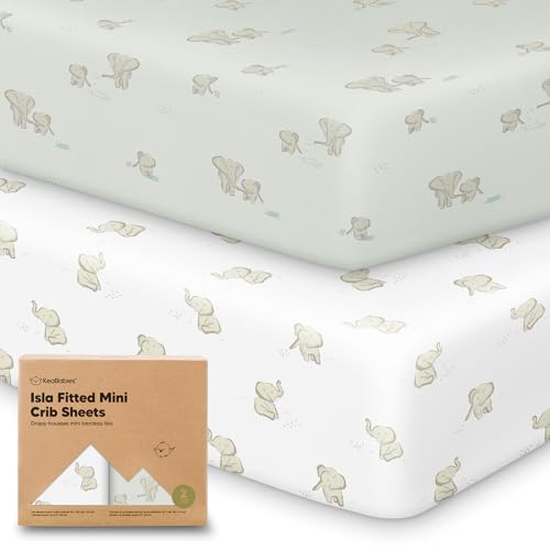 Image of Pack and Play Sheets Fitted - 2-Pack Mini Crib Sheets for Pack N Play Mattress 38x26, Soft & Cozy, Neutral Toddler Playard Bedding, Snug Fitted Mini Baby Crib Mattress Cover Boy, Girl (Elly)