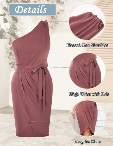 Women's 2023 Summer Ruched Bodycon Dress Plus Size One Shoulder Wrap Belted Cocktail Midi Dress For Wedding Guest 3X Pink #TOP3