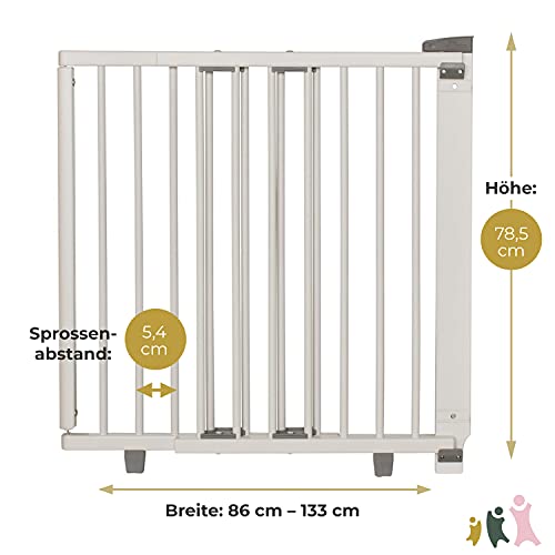 Geuther 2734+ schwenkbares Türschutzgitter Passung: 86 cm - 133 cm TÜV/GS zertifiziert Treppenschutzgitter zum Bohren hohes Babygitter stufenlos einstellbar Sicherheitsverschluss Weiß